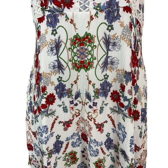 Boho Chic 2Bella Floral Print Sleeveless Dress With Lace Cutwork Trim Small - Picture 4 of 9